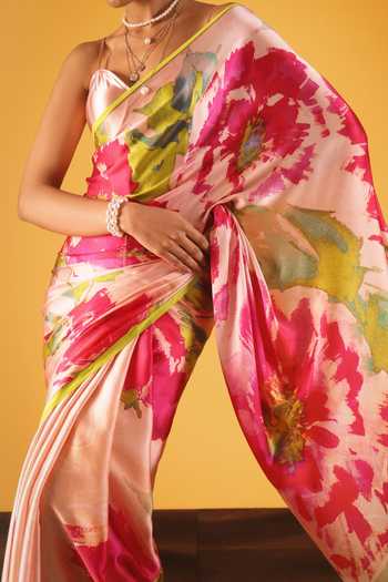 Satya Paul_Pink Silk, Georgette, Satin Vienna Sunset Printed Saree _at_Aza_Fashions