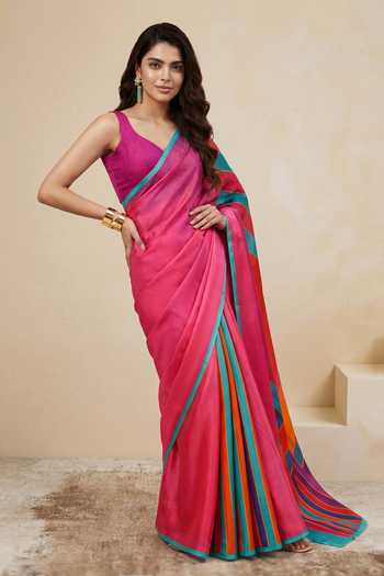 Buy_Satya Paul_Pink Silk, Georgette, Satin Infinite Sky Printed Saree _at_Aza_Fashions