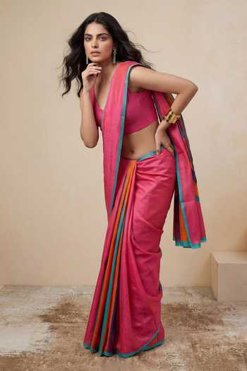Satya Paul_Pink Silk, Georgette, Satin Infinite Sky Printed Saree _Online_at_Aza_Fashions