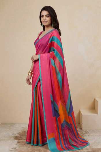Buy_Satya Paul_Pink Silk, Georgette, Satin Infinite Sky Printed Saree _Online_at_Aza_Fashions