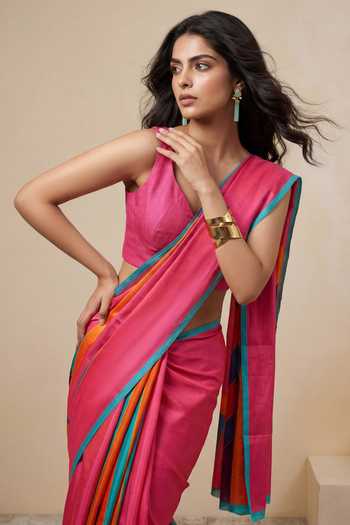 Shop_Satya Paul_Pink Silk, Georgette, Satin Infinite Sky Printed Saree _Online_at_Aza_Fashions