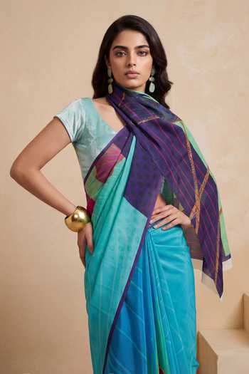 Satya Paul_Navy Silk, Crepe Modern Minuet Printed Saree _Online_at_Aza_Fashions