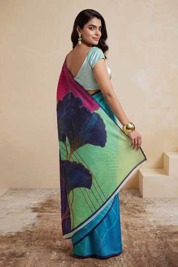 Shop_Satya Paul_Navy Silk, Crepe Modern Minuet Printed Saree _at_Aza_Fashions