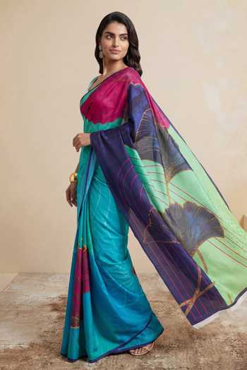 Buy_Satya Paul_Navy Silk, Crepe Modern Minuet Printed Saree _Online_at_Aza_Fashions