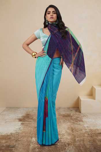 Satya Paul_Navy Silk, Crepe Modern Minuet Printed Saree _at_Aza_Fashions