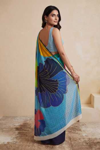 Shop_Satya Paul_Blue Silk, Georgette Deep Sea Printed Saree _at_Aza_Fashions