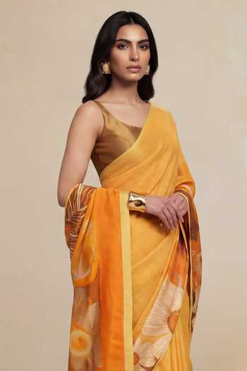 Satya Paul_Yellow Satin, Viscose Georgette Foil Printing Truffle Season Saree _Online_at_Aza_Fashions