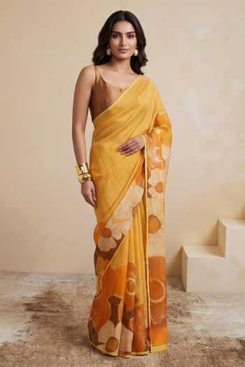 Buy_Satya Paul_Yellow Satin, Viscose Georgette Foil Printing Truffle Season Saree _at_Aza_Fashions