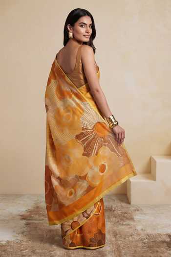 Shop_Satya Paul_Yellow Satin, Viscose Georgette Foil Printing Truffle Season Saree _at_Aza_Fashions