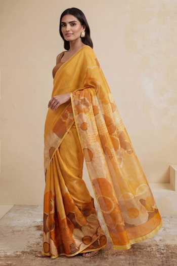 Buy_Satya Paul_Yellow Satin, Viscose Georgette Foil Printing Truffle Season Saree _Online_at_Aza_Fashions