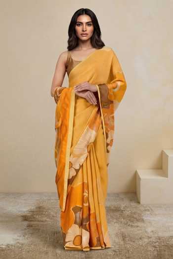 Shop_Satya Paul_Yellow Satin, Viscose Georgette Foil Printing Truffle Season Saree _Online_at_Aza_Fashions