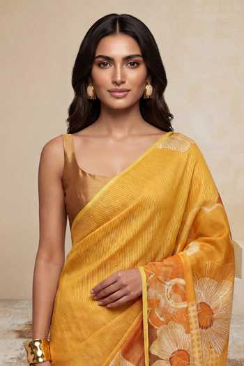 Satya Paul_Yellow Satin, Viscose Georgette Foil Printing Truffle Season Saree _at_Aza_Fashions