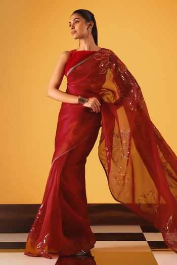 Shop_Satya Paul_Gold Silk Organza Sequins, Zari Hello Valentine Saree _Online_at_Aza_Fashions