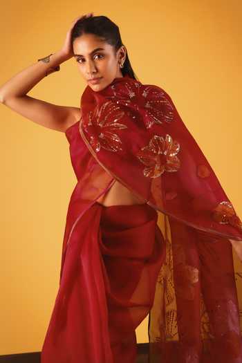 Satya Paul_Gold Silk Organza Sequins, Zari Hello Valentine Saree _at_Aza_Fashions
