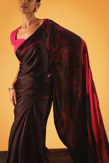 Satya Paul_Pink Georgette, Satin Blushing Oud Printed Saree _Online_at_Aza_Fashions