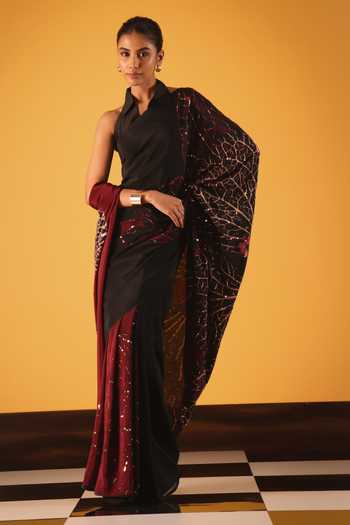 Satya Paul_Black Silk, Crepe Foil Printing Sweet Jasmine Saree _Online_at_Aza_Fashions