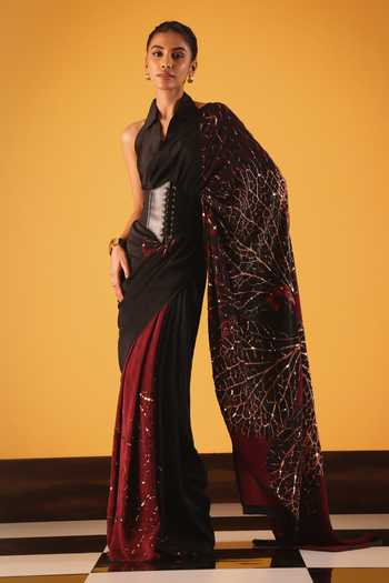 Buy_Satya Paul_Black Silk, Crepe Foil Printing Sweet Jasmine Saree _at_Aza_Fashions