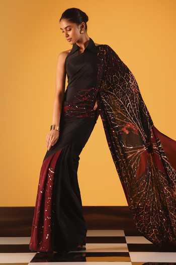 Shop_Satya Paul_Black Silk, Crepe Foil Printing Sweet Jasmine Saree _Online_at_Aza_Fashions