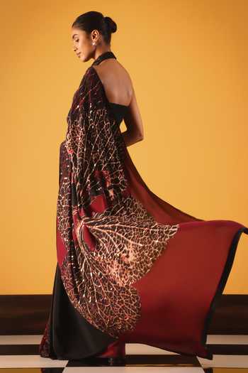 Shop_Satya Paul_Black Silk, Crepe Foil Printing Sweet Jasmine Saree _at_Aza_Fashions