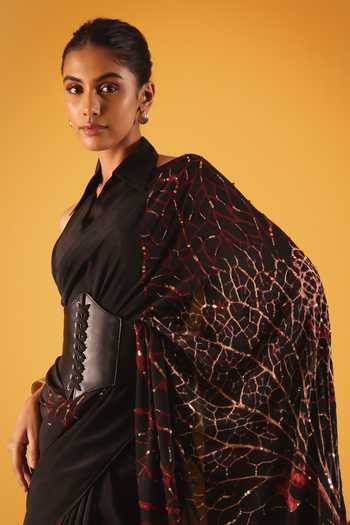 Satya Paul_Black Silk, Crepe Foil Printing Sweet Jasmine Saree _at_Aza_Fashions
