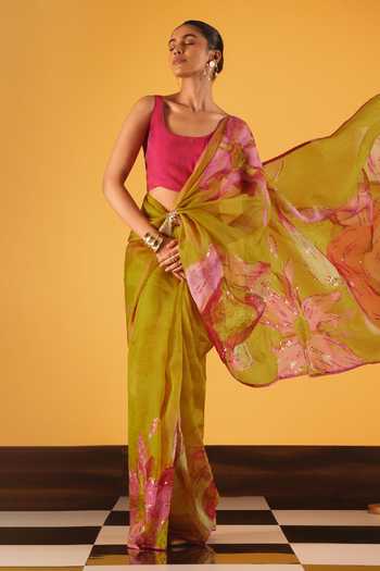 Satya Paul_Pink Silk Organza Sequins, Zari Water Lilies Saree _Online_at_Aza_Fashions