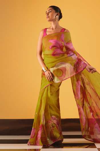 Buy_Satya Paul_Pink Silk Organza Sequins, Zari Water Lilies Saree _Online_at_Aza_Fashions
