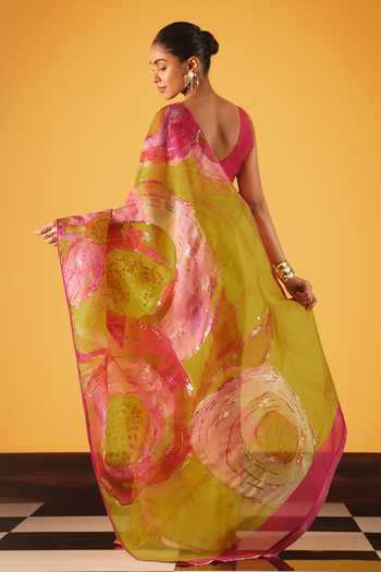 Shop_Satya Paul_Pink Silk Organza Sequins, Zari Water Lilies Saree _at_Aza_Fashions