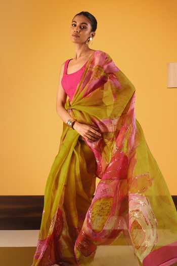 Shop_Satya Paul_Pink Silk Organza Sequins, Zari Water Lilies Saree _Online_at_Aza_Fashions