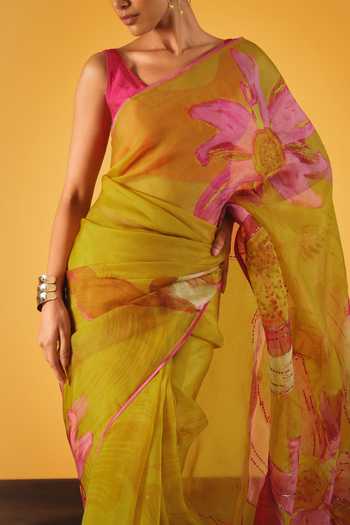 Satya Paul_Pink Silk Organza Sequins, Zari Water Lilies Saree _at_Aza_Fashions