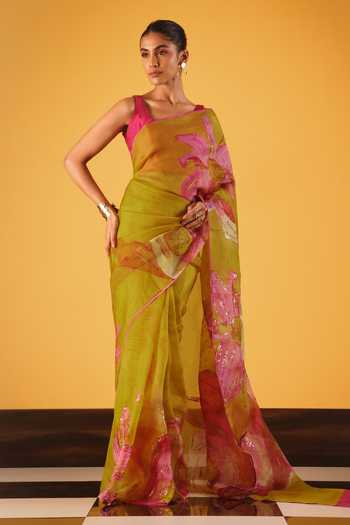 Buy_Satya Paul_Pink Silk Organza Sequins, Zari Water Lilies Saree _at_Aza_Fashions
