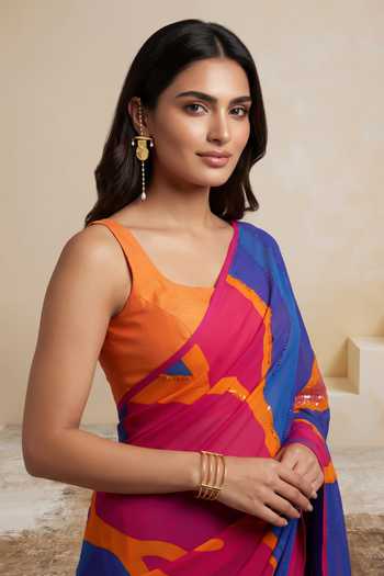 Satya Paul_Pink Silk, Crepe Sequins, Zari Nights Of Neon Saree _Online_at_Aza_Fashions