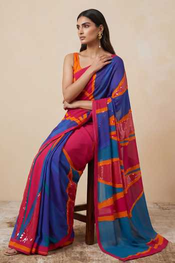 Shop_Satya Paul_Pink Silk, Crepe Sequins, Zari Nights Of Neon Saree _Online_at_Aza_Fashions