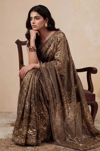 Satya Paul_Gold Viscose, Tissue Zari, Foil Printing Divine Epiphany Embellished Saree _Online_at_Aza_Fashions