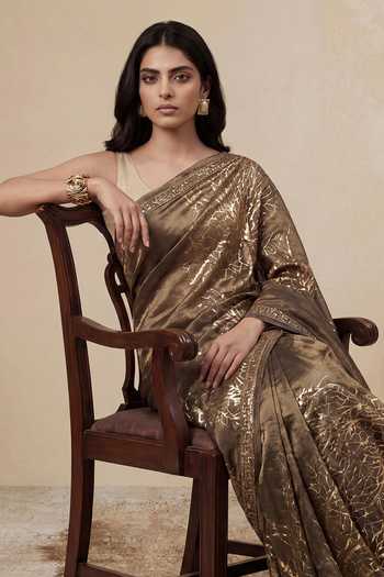 Buy_Satya Paul_Gold Viscose, Tissue Zari, Foil Printing Divine Epiphany Embellished Saree _Online_at_Aza_Fashions