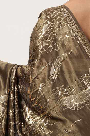 Shop_Satya Paul_Gold Viscose, Tissue Zari, Foil Printing Divine Epiphany Embellished Saree _Online_at_Aza_Fashions