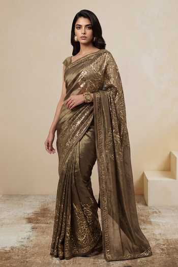 Satya Paul_Gold Viscose, Tissue Zari, Foil Printing Divine Epiphany Embellished Saree _at_Aza_Fashions