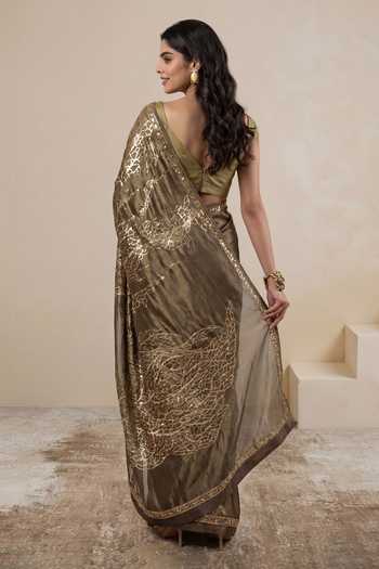Shop_Satya Paul_Gold Viscose, Tissue Zari, Foil Printing Divine Epiphany Embellished Saree _at_Aza_Fashions