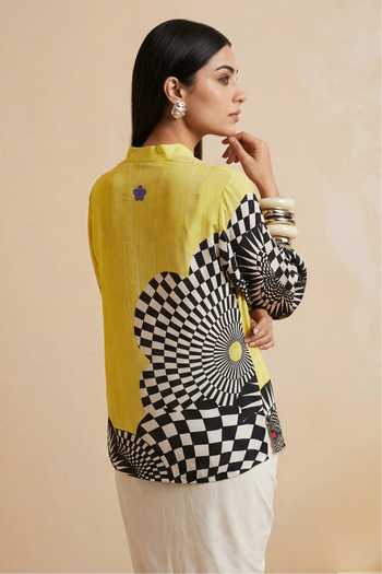 Shop_Satya Paul_Yellow Crepe, Viscose Mandarin Collar, Split V-neck Happy Trails Printed Tunic _at_Aza_Fashions