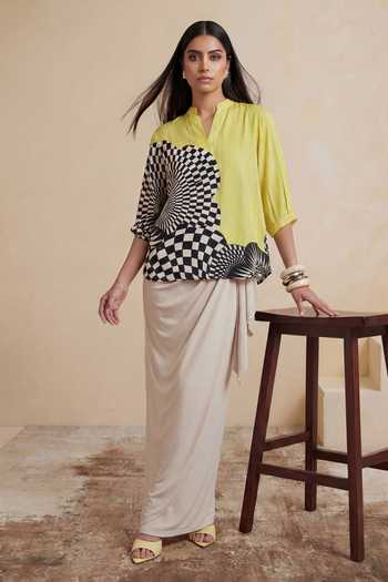 Satya Paul_Yellow Crepe, Viscose Mandarin Collar, Split V-neck Happy Trails Printed Tunic _Online_at_Aza_Fashions