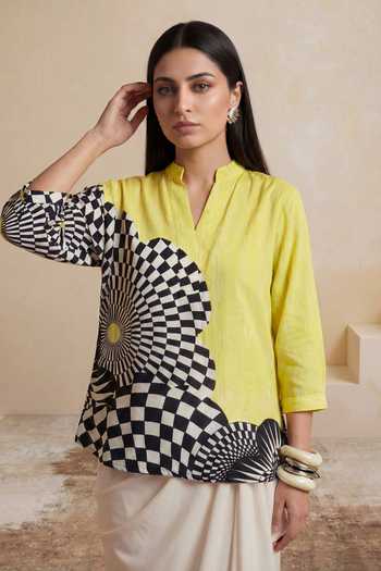 Buy_Satya Paul_Yellow Crepe, Viscose Mandarin Collar, Split V-neck Happy Trails Printed Tunic _Online_at_Aza_Fashions