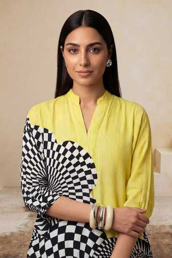 Shop_Satya Paul_Yellow Crepe, Viscose Mandarin Collar, Split V-neck Happy Trails Printed Tunic _Online_at_Aza_Fashions
