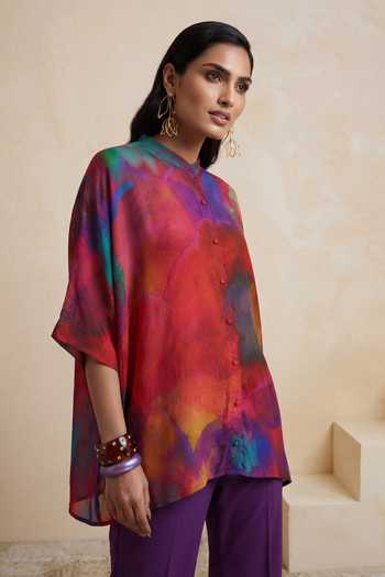 Satya Paul_Red Crepe, Viscose Mandarin Collar Awakened State Abstract Pattern Tunic _Online_at_Aza_Fashions