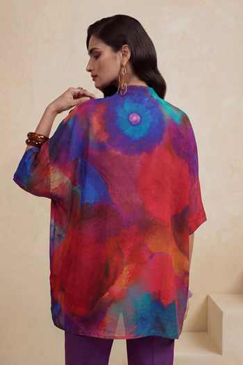 Shop_Satya Paul_Red Crepe, Viscose Mandarin Collar Awakened State Abstract Pattern Tunic _at_Aza_Fashions
