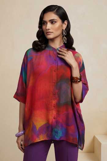 Buy_Satya Paul_Red Crepe, Viscose Mandarin Collar Awakened State Abstract Pattern Tunic _Online_at_Aza_Fashions