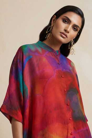 Shop_Satya Paul_Red Crepe, Viscose Mandarin Collar Awakened State Abstract Pattern Tunic _Online_at_Aza_Fashions