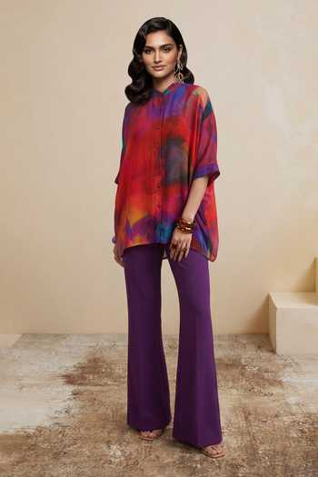 Satya Paul_Red Crepe, Viscose Mandarin Collar Awakened State Abstract Pattern Tunic _at_Aza_Fashions