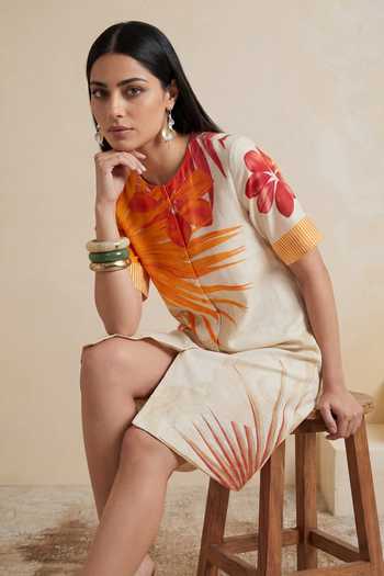 Satya Paul_Off White Linen Amber Thicket Printed Dress _Online_at_Aza_Fashions