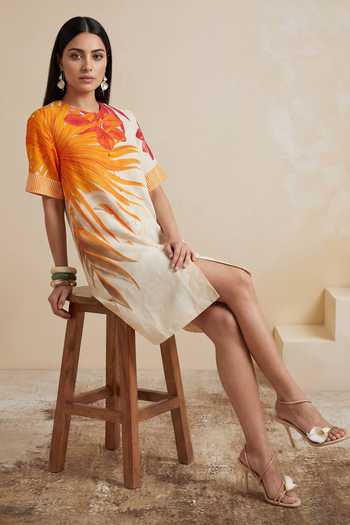 Satya Paul_Off White Linen Amber Thicket Printed Dress _at_Aza_Fashions