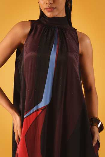 Satya Paul_Blue Crepe, Viscose Halter Neck Kabul Rose Print Dress _Online_at_Aza_Fashions