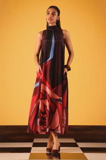 Buy_Satya Paul_Blue Crepe, Viscose Halter Neck Kabul Rose Print Dress _at_Aza_Fashions